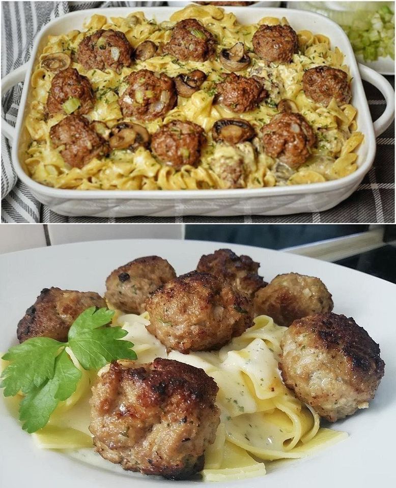 Pasta with mushroom sauce and meatballs