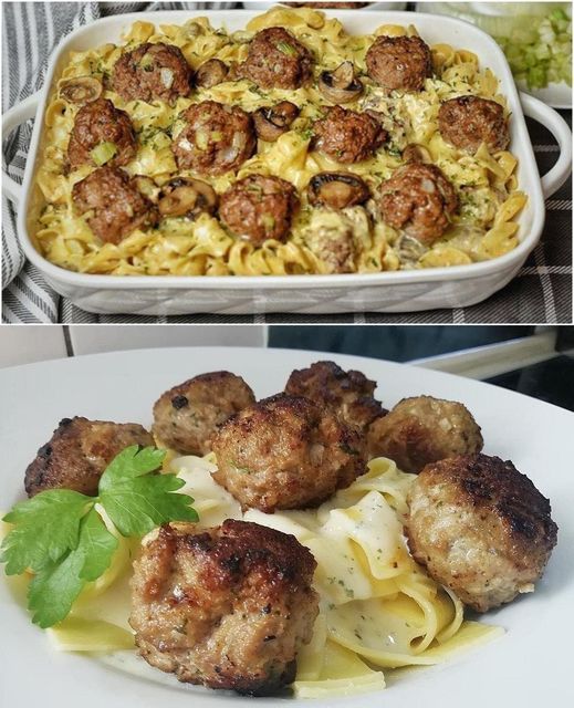 Pasta with mushroom sauce and meatballs